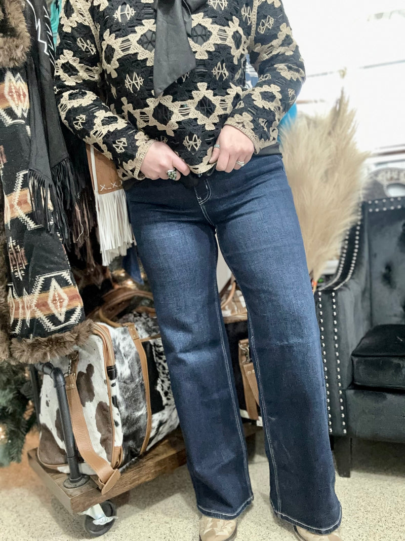 Dark Wash Wide Leg High Rise Jeans