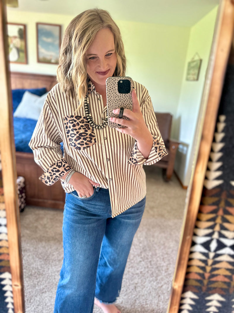 Brown Striped Leopard Detail Button Up