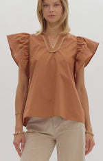 Caramel Stitched Ruffle Sleeve Top