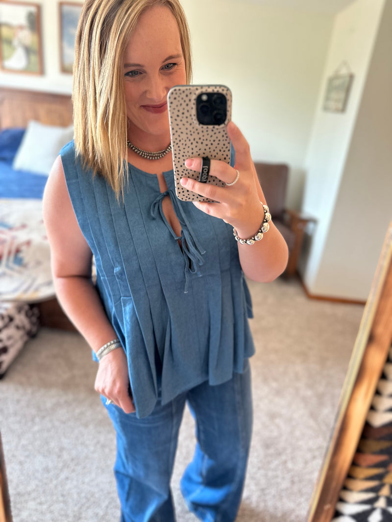 Denim Pleated Bow Tie Top