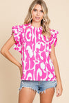 Abstract Print Ruffle Cap Sleeve Top - Pink