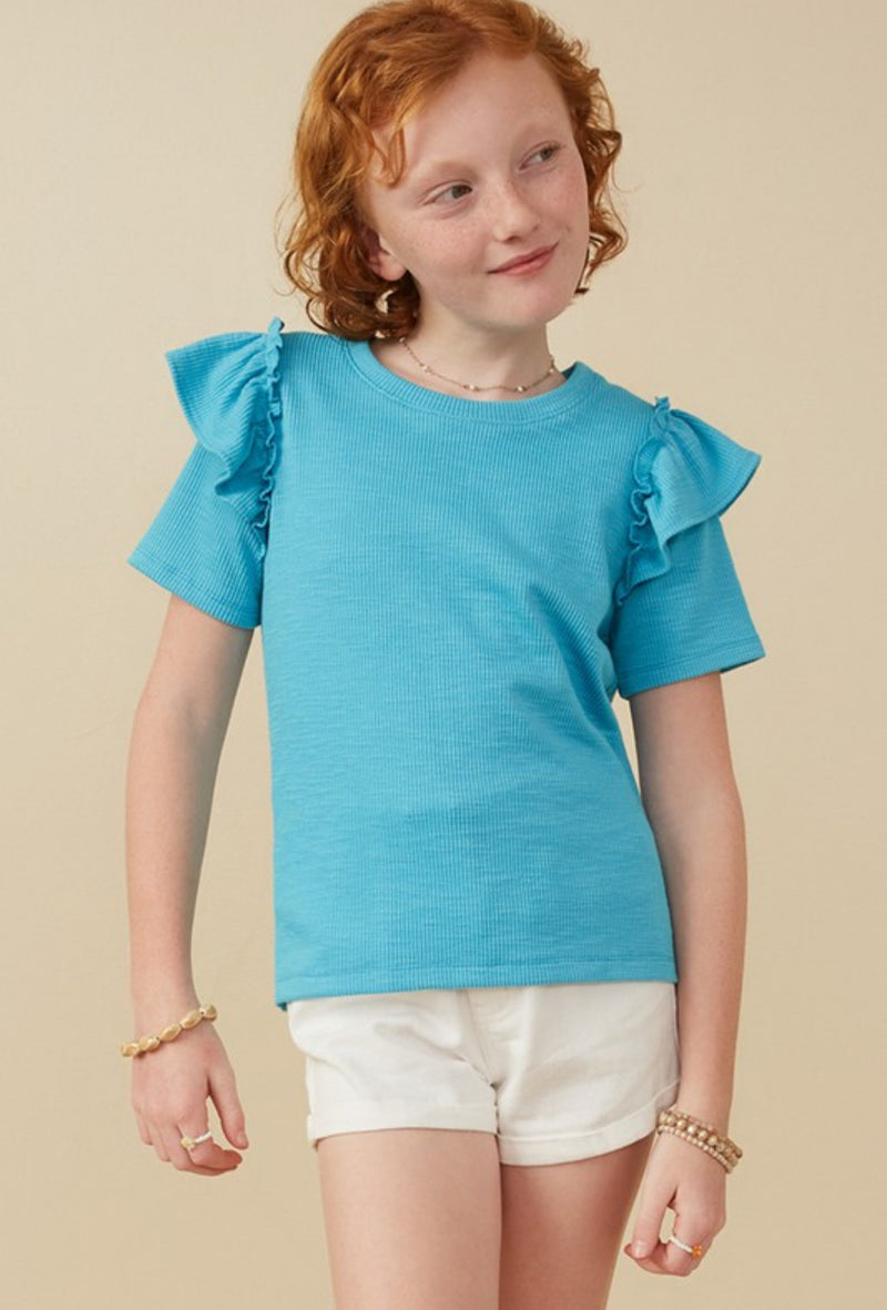 Girls Blue Ruffle Shoulder Top