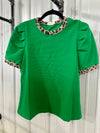 Green Ribbed Leopard Trim Top