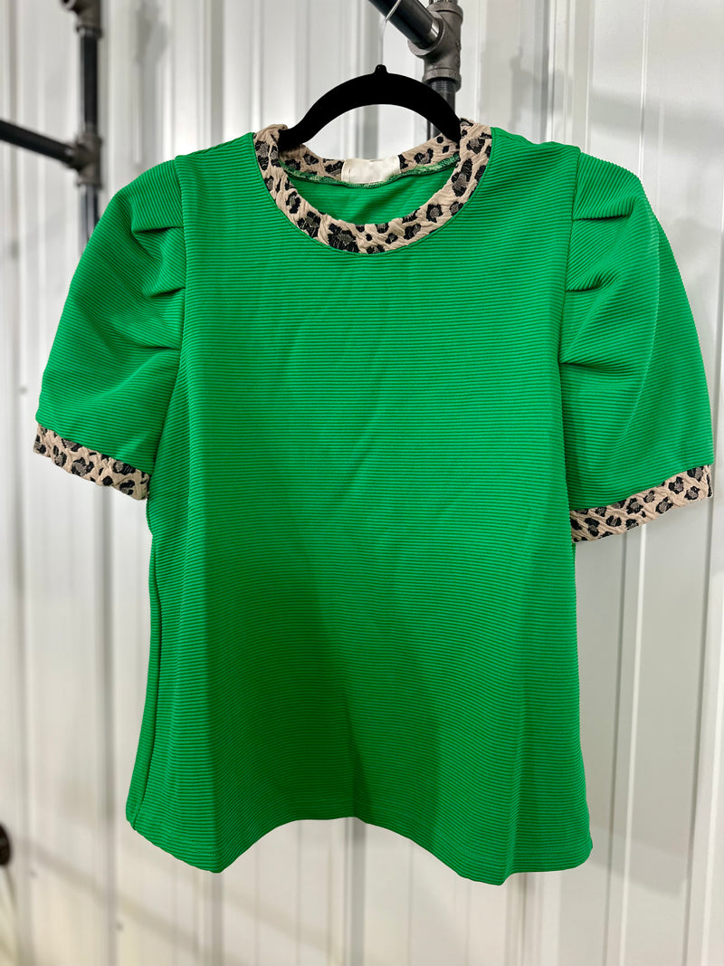 Green Ribbed Leopard Trim Top