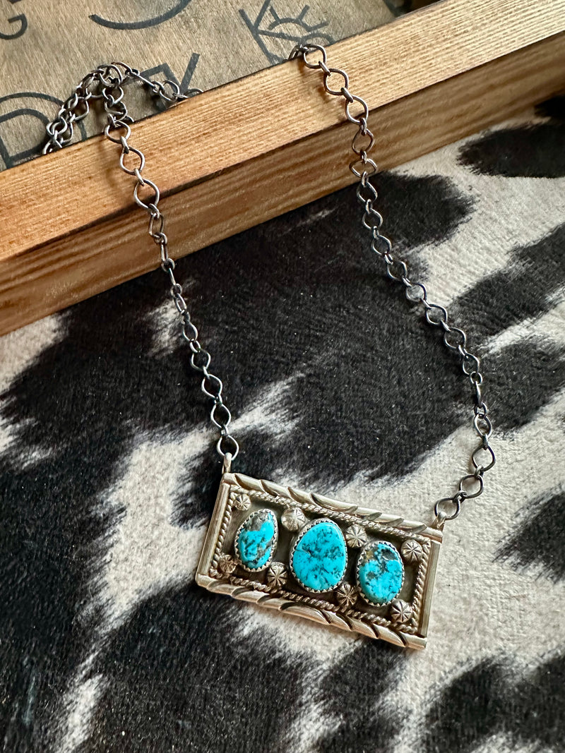 Kingman Turquoise 3 Stone Bar Necklace