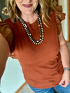 Brown Pleather Ruffle Shoulder Top