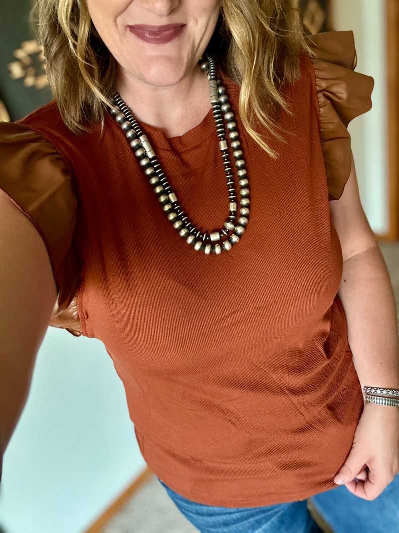 Brown Pleather Ruffle Shoulder Top
