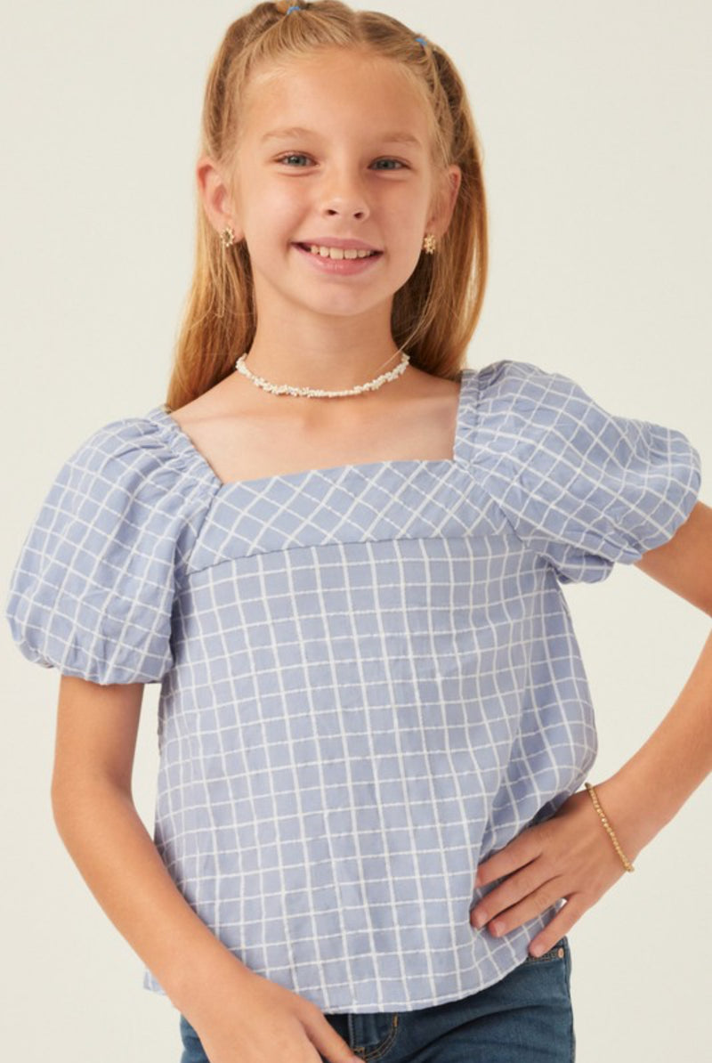 Girls Blue Grid Print Top