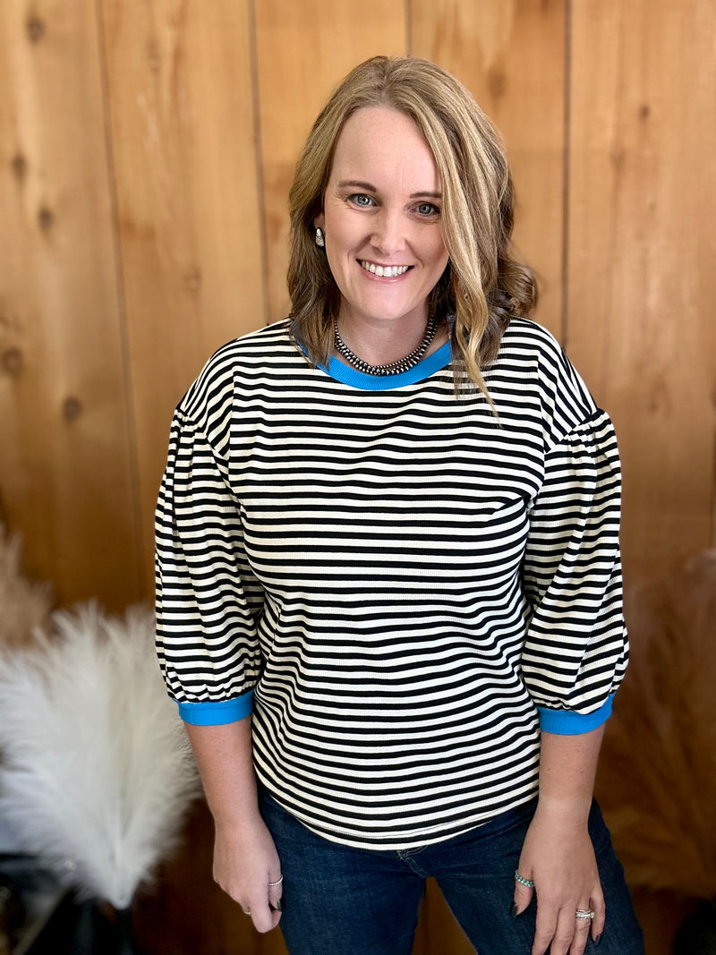 Black Striped Top with Blue Hem