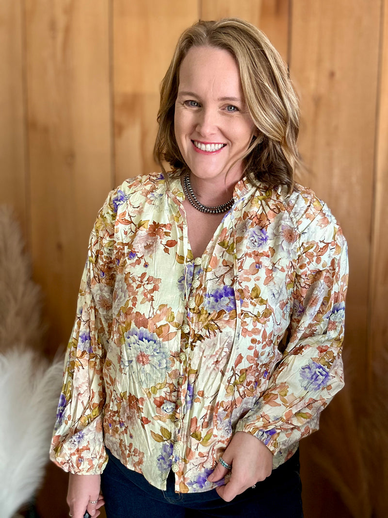 Floral Ruched Button Down Top