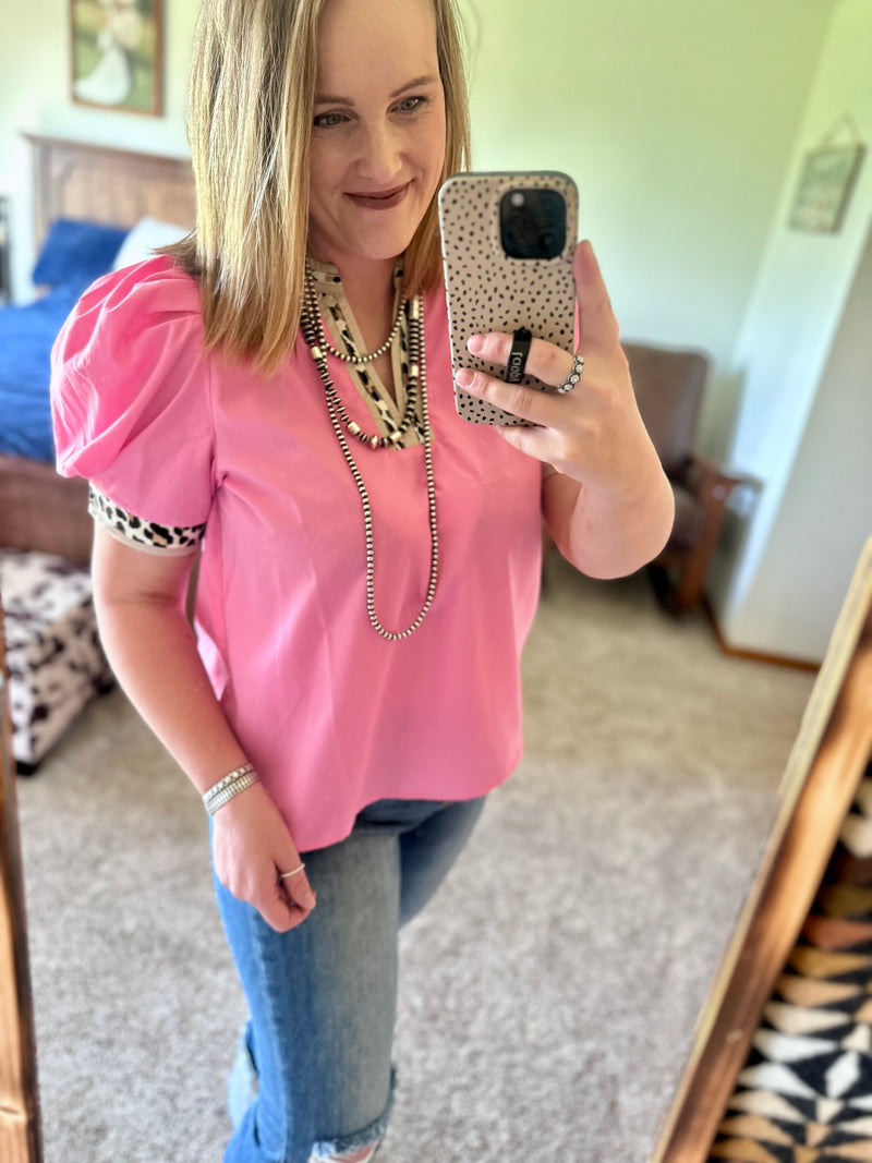 Hot Pink Leopard Trim Top