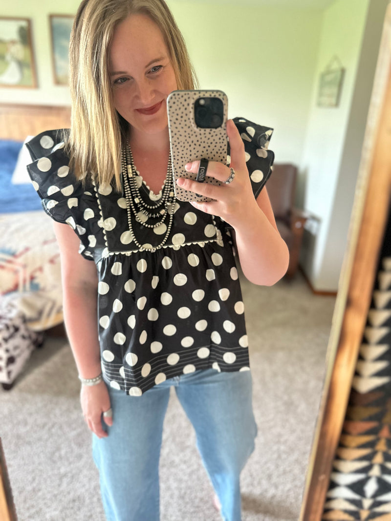 Black Polka Dot Flutter Sleeve Top