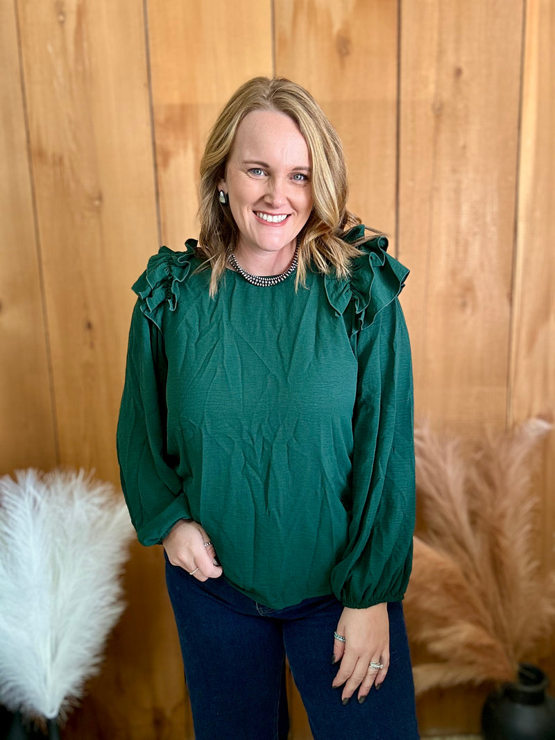 Green Ruffle Shoulder Top