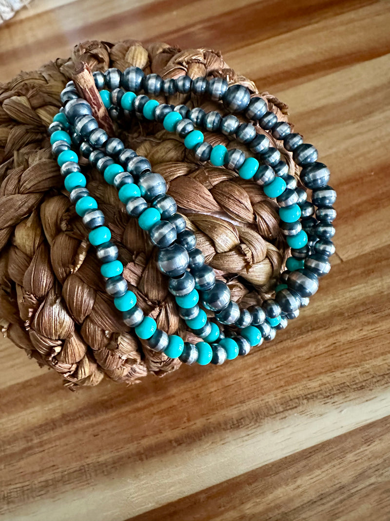 Stretchy Pearl/Turquoise Bracelets (7”)