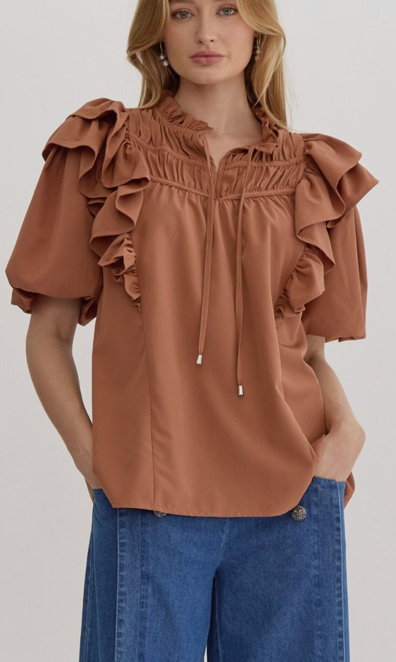 Mocha Ruffled Bubble Sleeve Top