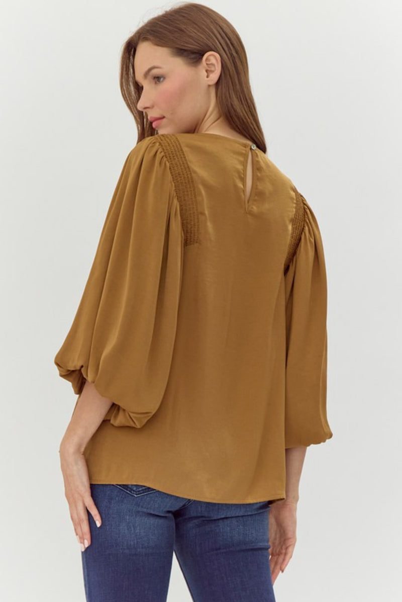 Toffee Satin Balloon Sleeve Top