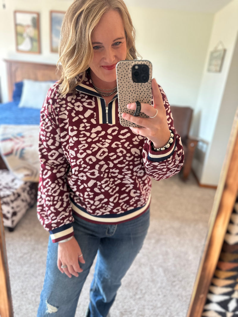 Burgundy Leopard Sweater 1/4 Zip