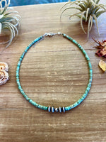 Green Blue heishi choker with Sterling Silver Pearls