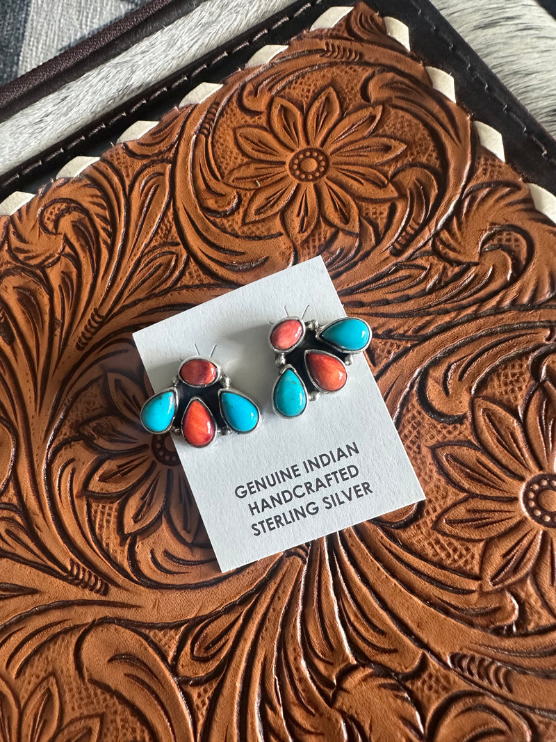 Orange Spiny / Turquoise Cluster Earrings