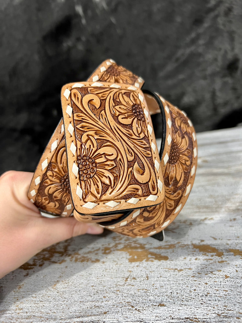 Brown Tooled Leather Square Buckle Belt