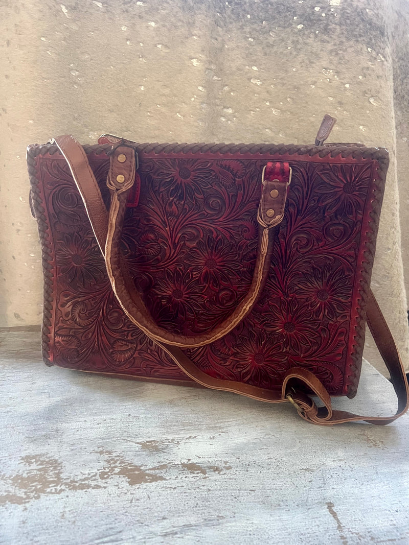 Cherry Tooled Leather Tote