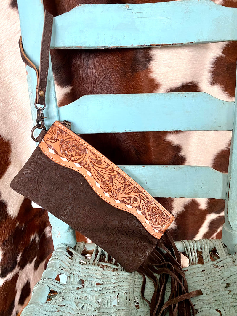 Tooled Leather Wristlet  - Brown