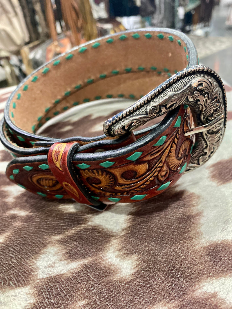 Brown / Turquoise Tooled Leather Belt