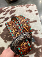 Brown / Turquoise Tooled Leather Belt